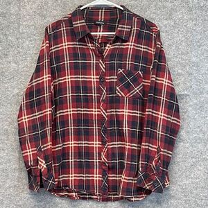 WELL WORN Shirt Women's Large Red Blue Plaid Flannel Long Sleeve Button Down EUC
